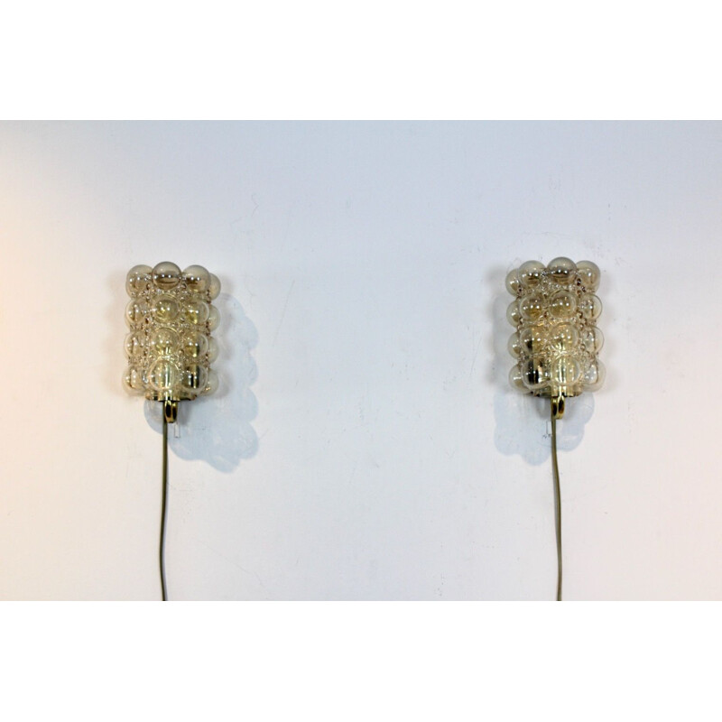 Sophisticated pair of vintage bubble glass & brass wall lamps by Helena Tynell for Glashütte Limburg