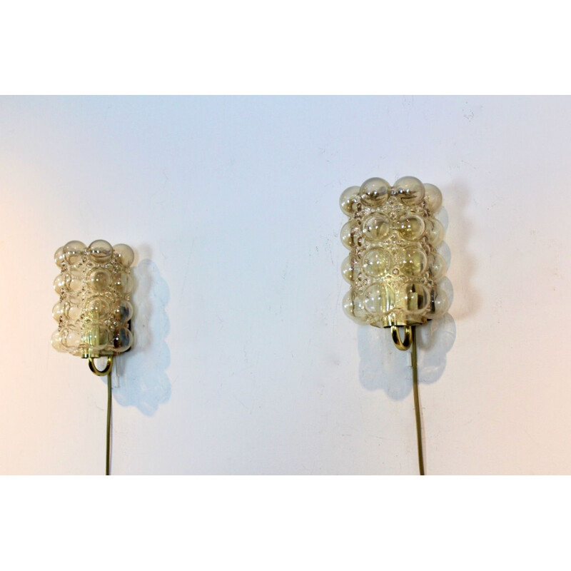 Sophisticated pair of vintage bubble glass & brass wall lamps by Helena Tynell for Glashütte Limburg