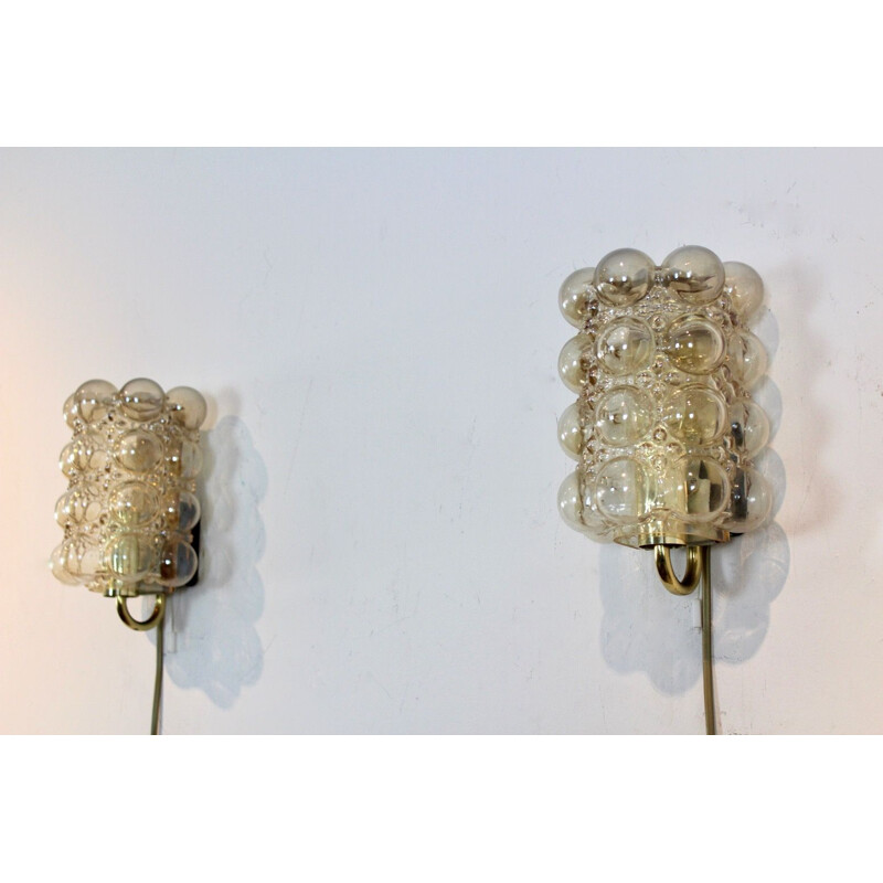 Sophisticated pair of vintage bubble glass & brass wall lamps by Helena Tynell for Glashütte Limburg