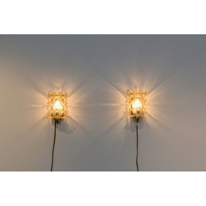 Sophisticated pair of vintage bubble glass & brass wall lamps by Helena Tynell for Glashütte Limburg