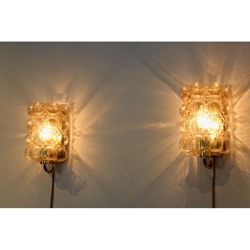 Sophisticated pair of vintage bubble glass & brass wall lamps by Helena Tynell for Glashütte Limburg