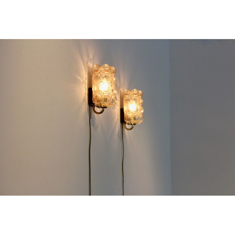 Sophisticated pair of vintage bubble glass & brass wall lamps by Helena Tynell for Glashütte Limburg