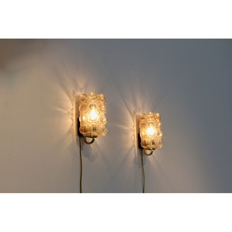 Sophisticated pair of vintage bubble glass & brass wall lamps by Helena Tynell for Glashütte Limburg