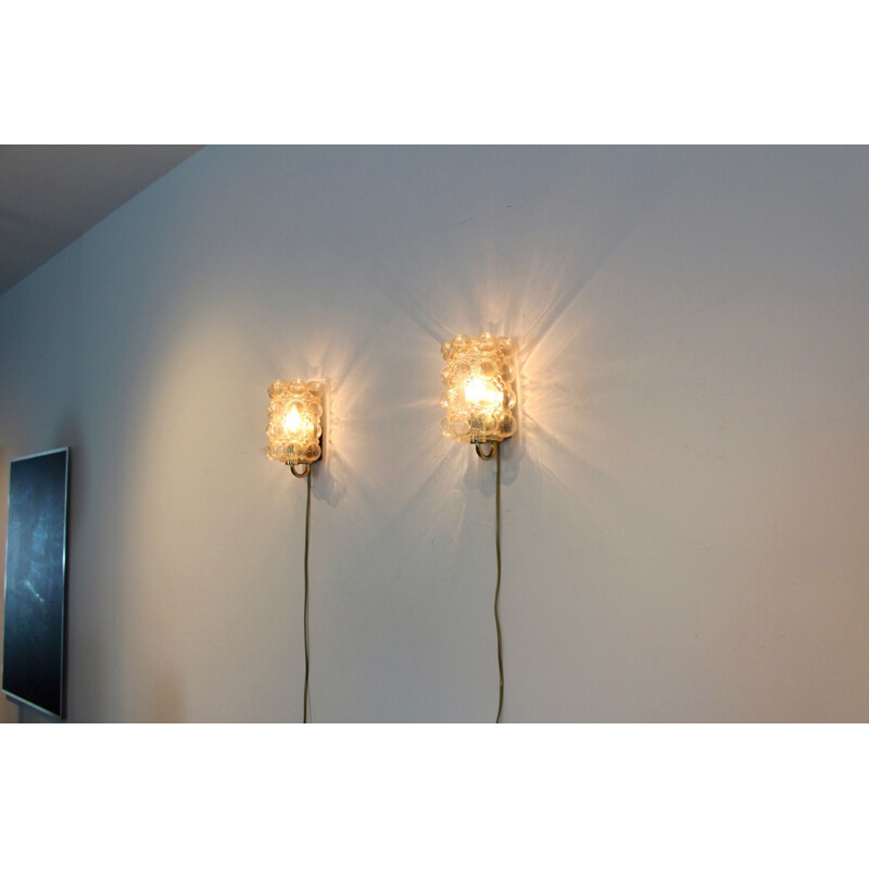 Sophisticated pair of vintage bubble glass & brass wall lamps by Helena Tynell for Glashütte Limburg