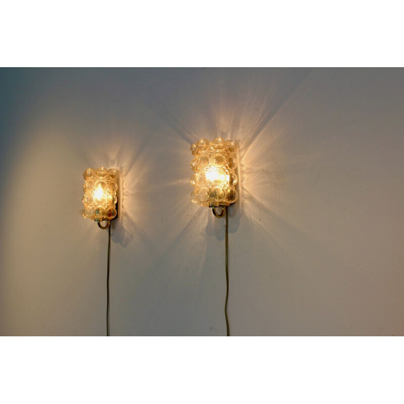 Sophisticated pair of vintage bubble glass & brass wall lamps by Helena Tynell for Glashütte Limburg