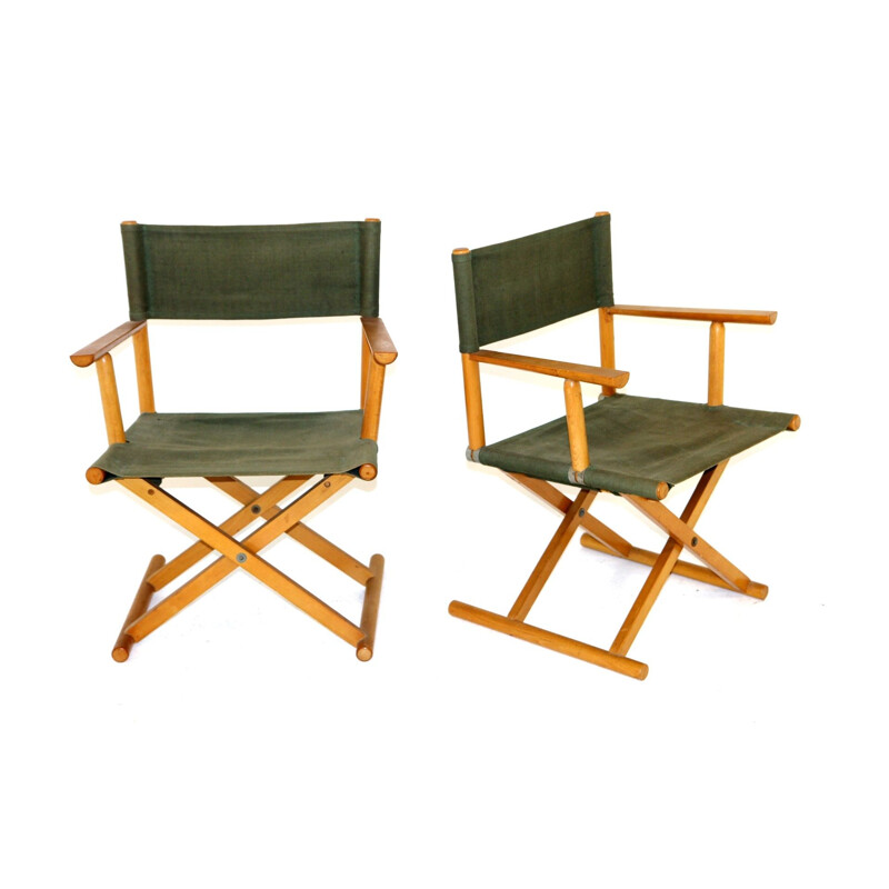 Pair of vintage folding armchairs in beechwood and fabric, 1960