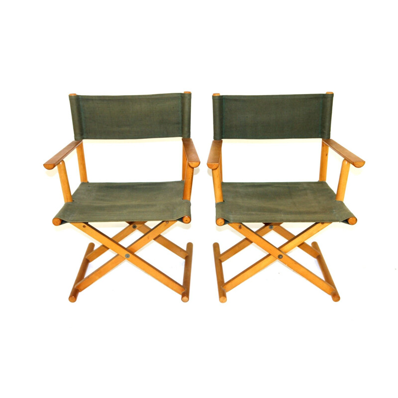 Pair of vintage folding armchairs in beechwood and fabric, 1960