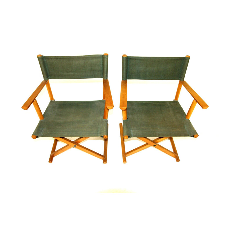 Paire de fauteuils pliantes vintage en hêtre et tissu, 1960