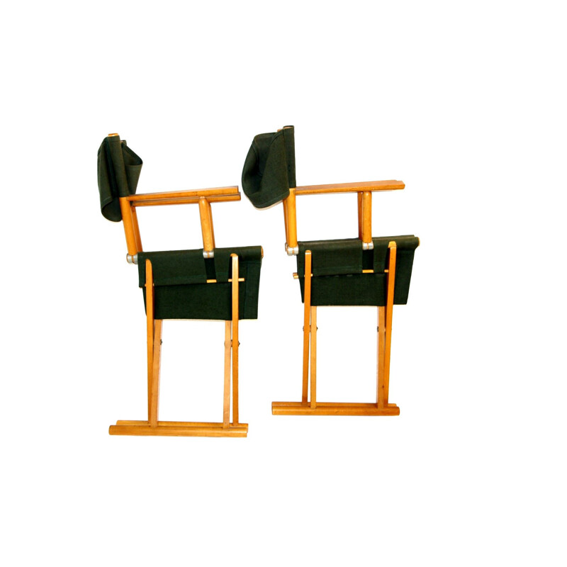Pair of vintage folding armchairs in beechwood and fabric, 1960
