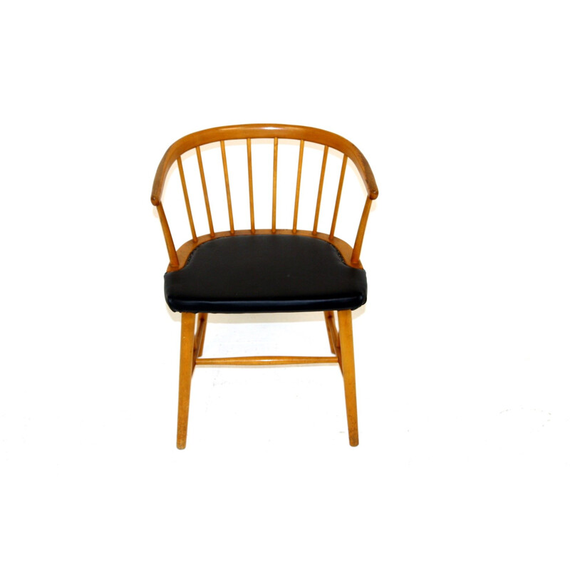 Vintage beechwood and black leatherette armchair by Hagafors, Sweden 1950