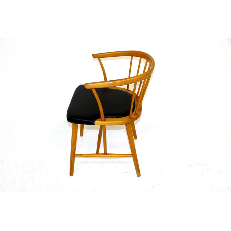 Vintage beechwood and black leatherette armchair by Hagafors, Sweden 1950