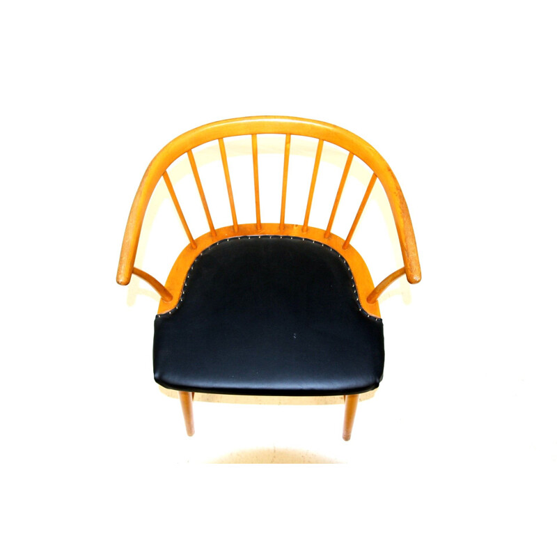 Vintage beechwood and black leatherette armchair by Hagafors, Sweden 1950