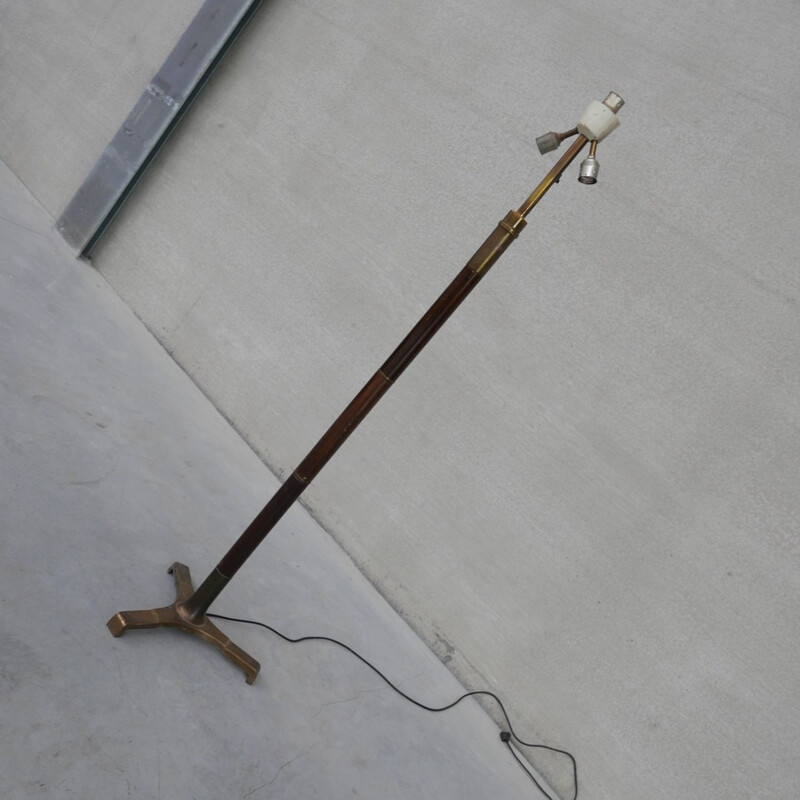 Vintage floor lamp in wood and brass, France 1950