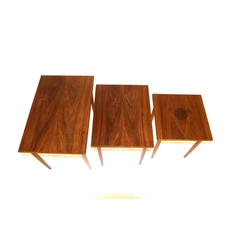 Vintage walnut and beechwood nesting tables by Seffle Möbelfabrik, Sweden 1960
