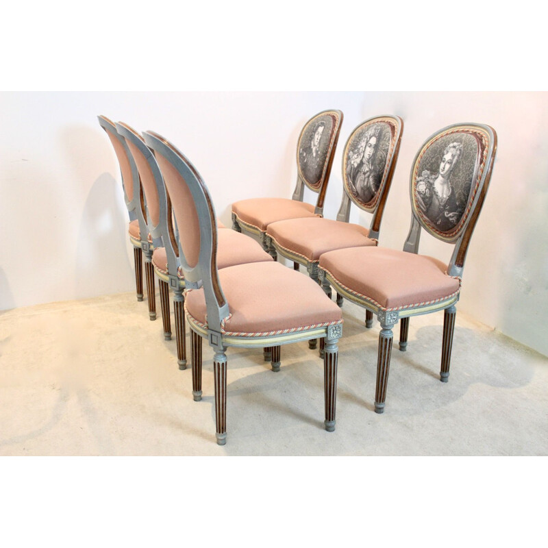 Conjunto de 6 sillas vintage Jacques Grange Louis XVI en madera de medallón