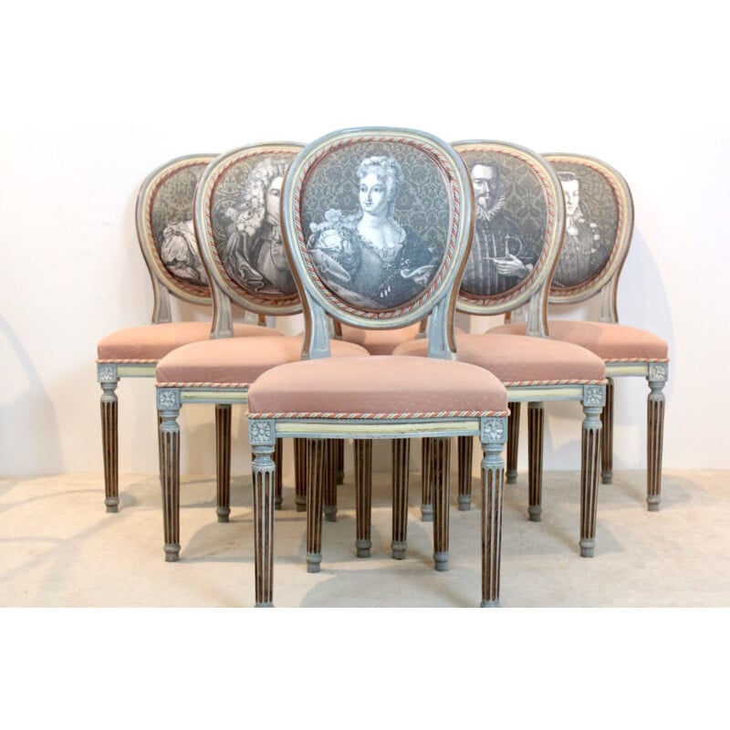 Set van 6 vintage Jacques Grange Louis XVI stoelen in medaillonhout