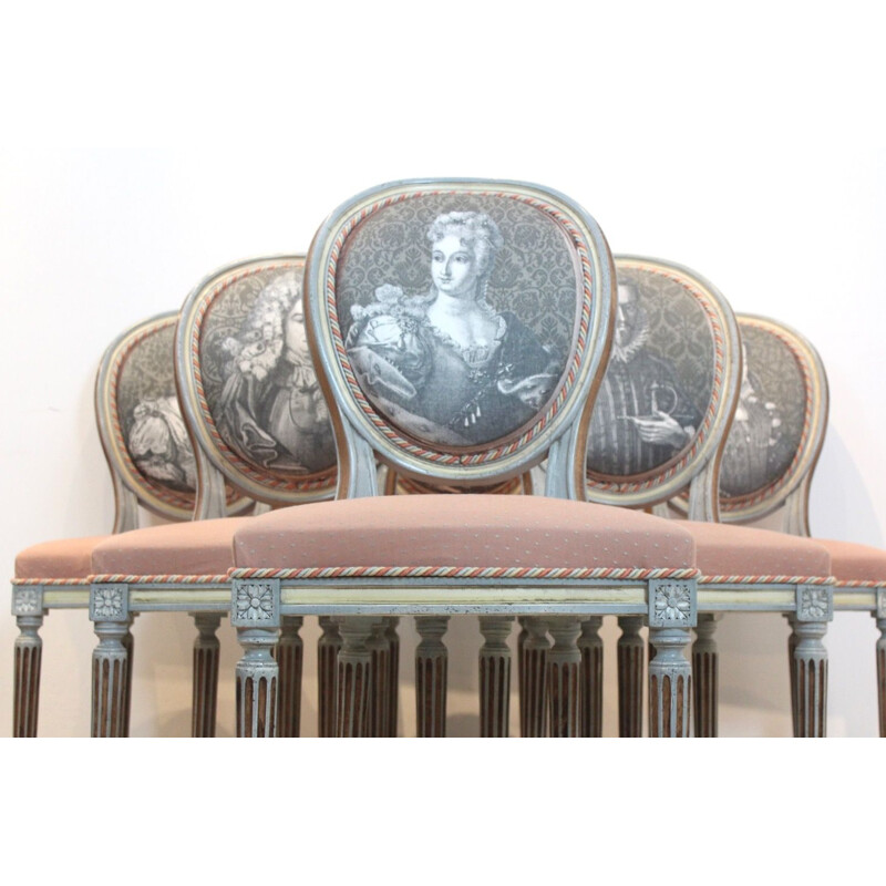 Satz von 6 Vintage-Stühlen Jacques Grange Louis XVI aus Medaillonholz
