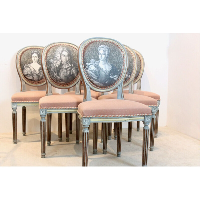 Ensemble de 6 chaises vintage Jacques Grange Louis XVI en bois médaillon