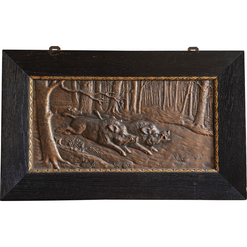 Vintage bronze relief placque wild boar by H Henjes, 1880 