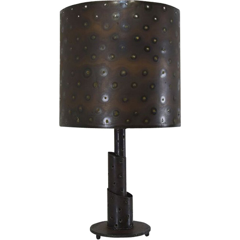 Brutalist vintage bronze torch cut table lamp with matching shade, 1960s