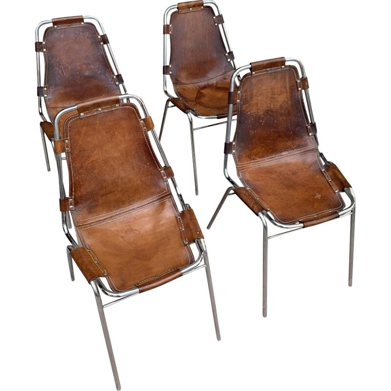 Lot de 4 chaises vintage Les Arcs en cuir selection Charlotte PERRIAND, 1960