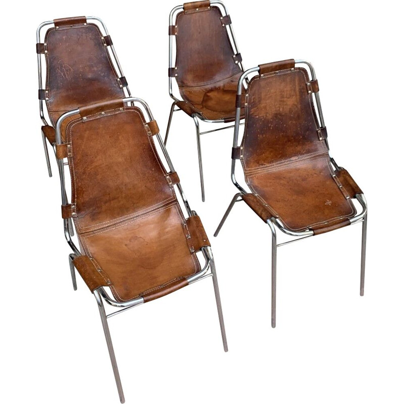 Set of 4 vintage Les Arcs chairs in cowhide and steel selected by Charlotte PERRIAND, 1960s