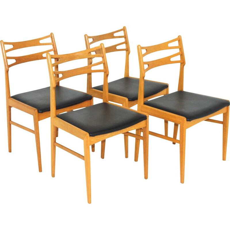 Conjunto de 4 cadeiras de carvalho vintage e pele, Suécia 1960