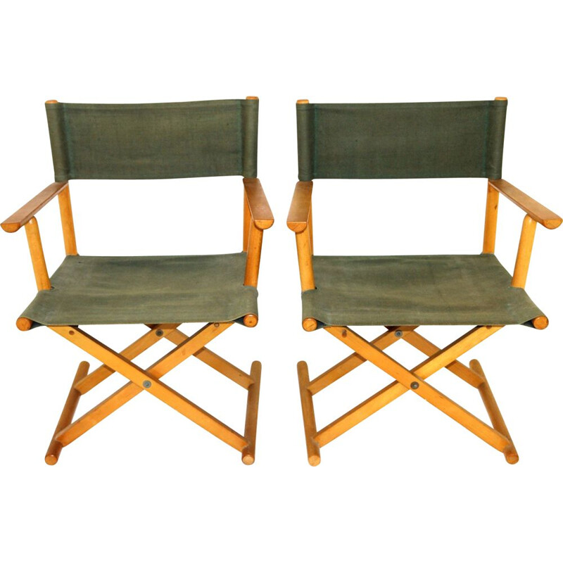 Pair of vintage folding armchairs in beechwood and fabric, 1960