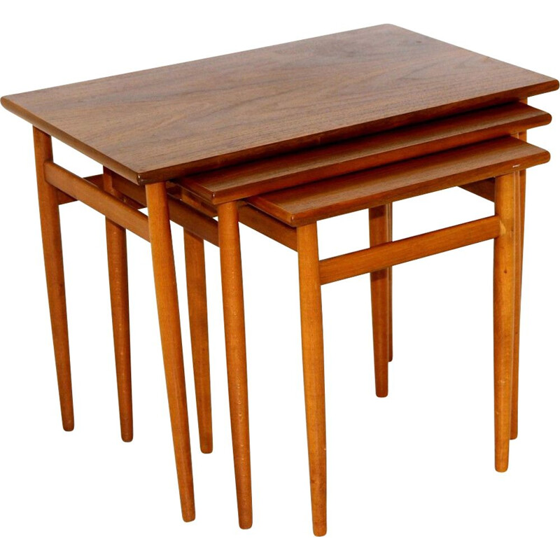 Vintage walnut and beechwood nesting tables by Seffle Möbelfabrik, Sweden 1960