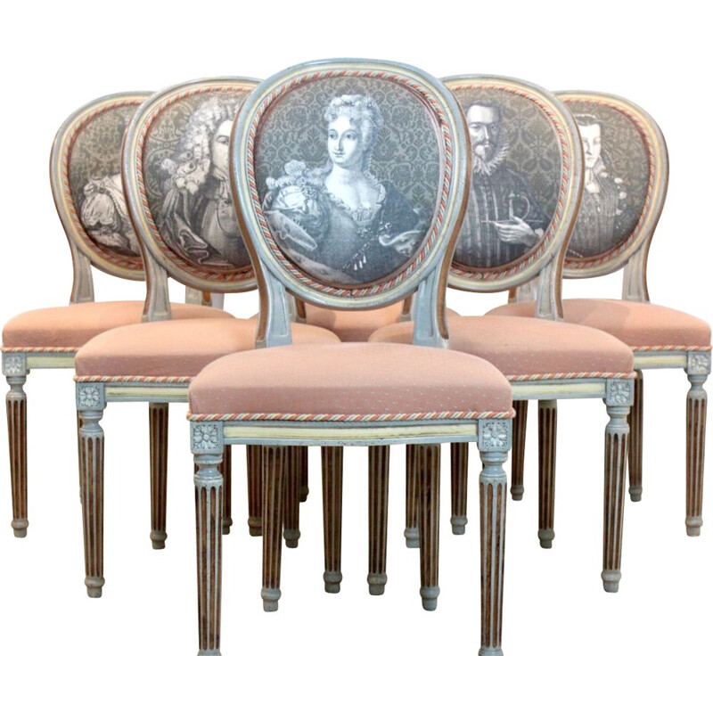 Conjunto de 6 cadeiras de Jacques Grange Louis XVI em madeira medalhão
