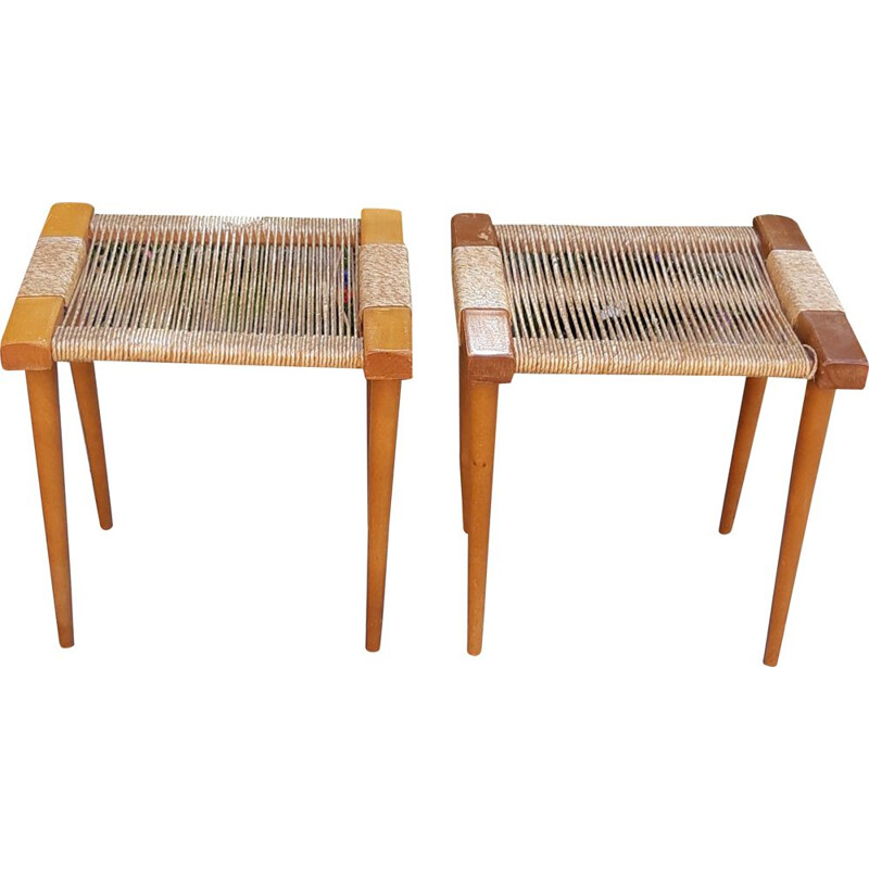 Pair of vintage beechwood and rope stools, 1960