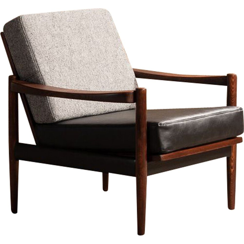 Vintage solid beechwood armchair with grey mottled fabric and black leatherette, 1960