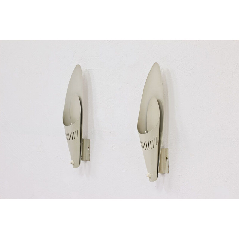 Pair of vintage Swedish metal wall lamps by Harald Elof Notini for Böhlmarks, 1950