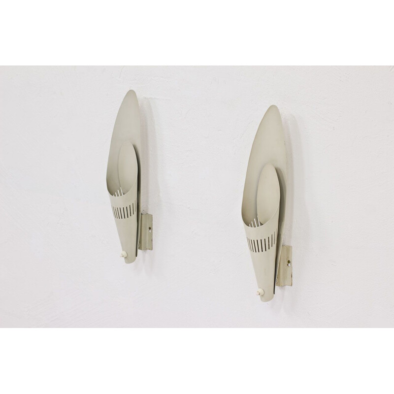 Pair of vintage Swedish metal wall lamps by Harald Elof Notini for Böhlmarks, 1950