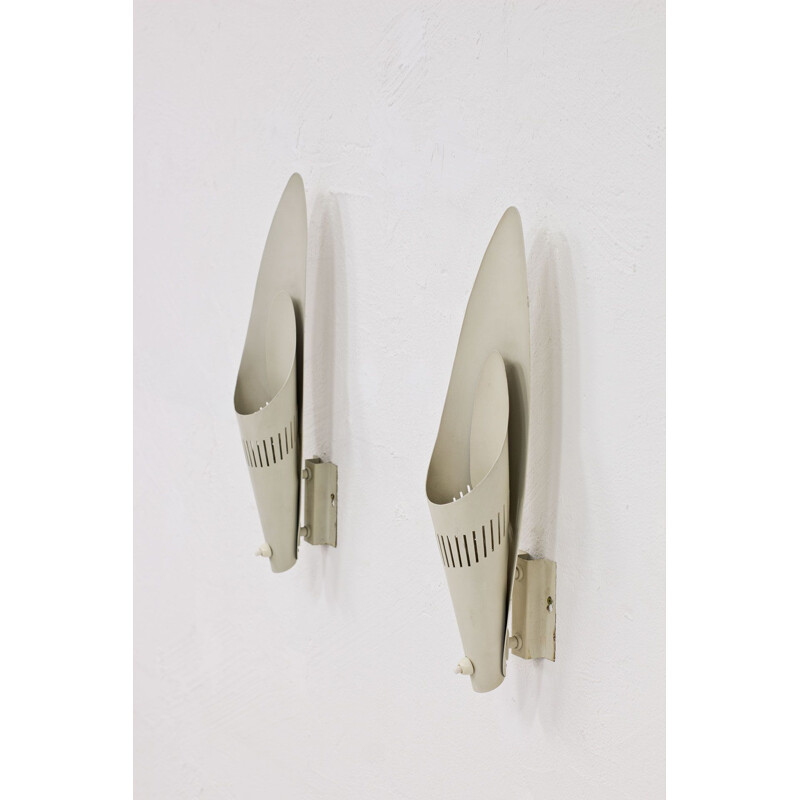 Pair of vintage Swedish metal wall lamps by Harald Elof Notini for Böhlmarks, 1950