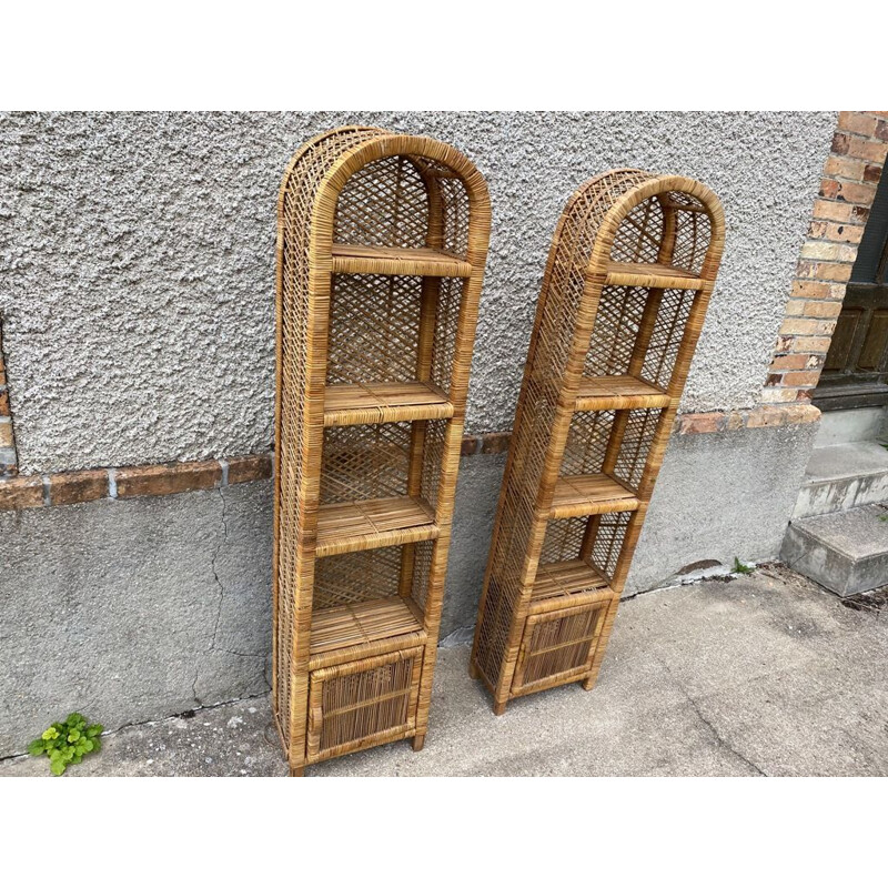 Pair of vintage rattan wicker shelves, 1960-1970