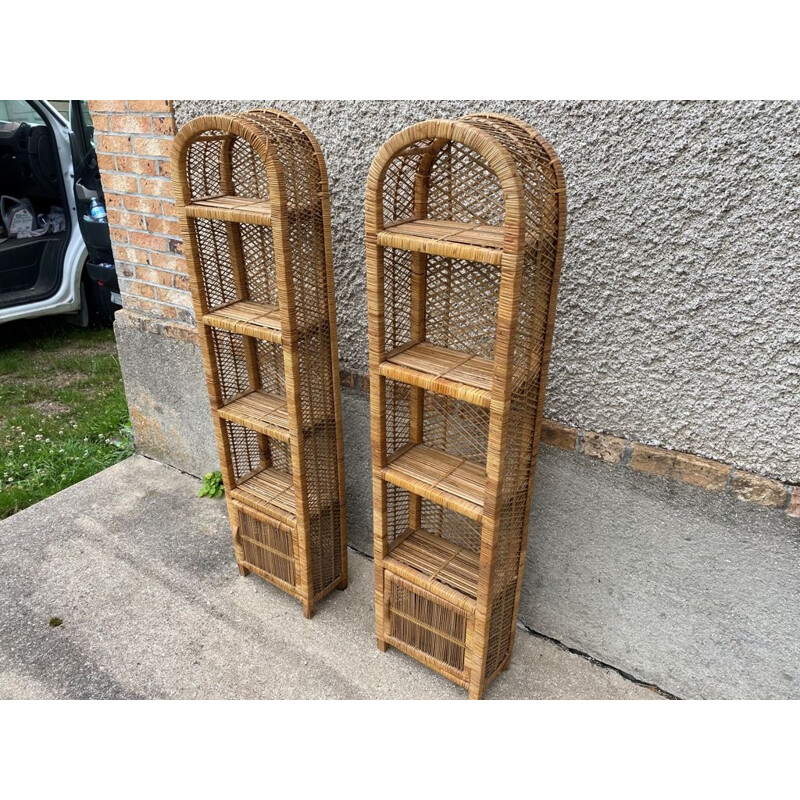 Pair of vintage rattan wicker shelves, 1960-1970