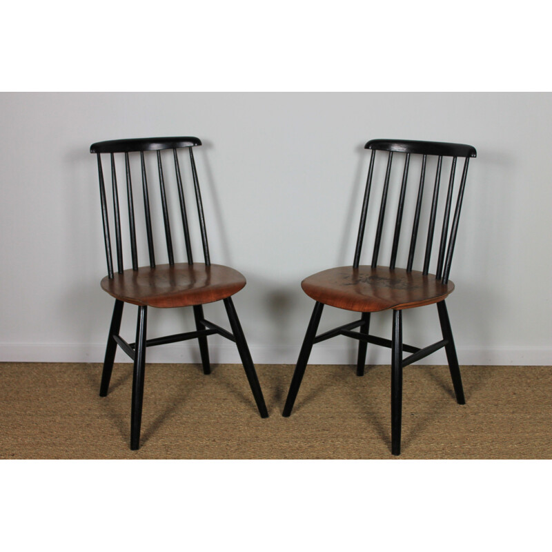 Pair of vintage Fanett beechwood and teak chairs by Ilmari Tapiovaara, Finland 1960