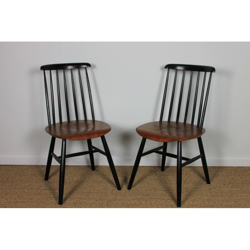 Pair of vintage Fanett beechwood and teak chairs by Ilmari Tapiovaara, Finland 1960