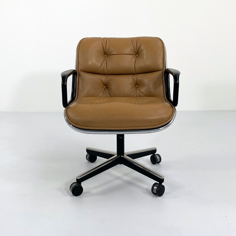 Vintage camel leather ofice chair on wheels by Charles Pollock for Knoll, 1970s