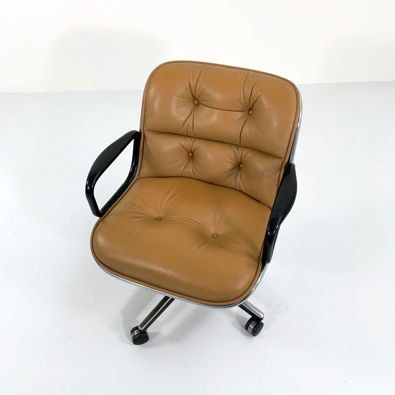Vintage camel leather ofice chair on wheels by Charles Pollock for Knoll, 1970s