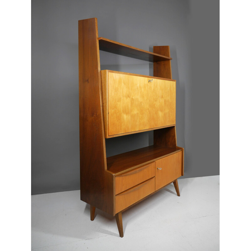 Mid century walnut and maple shelf, Germany 1950s