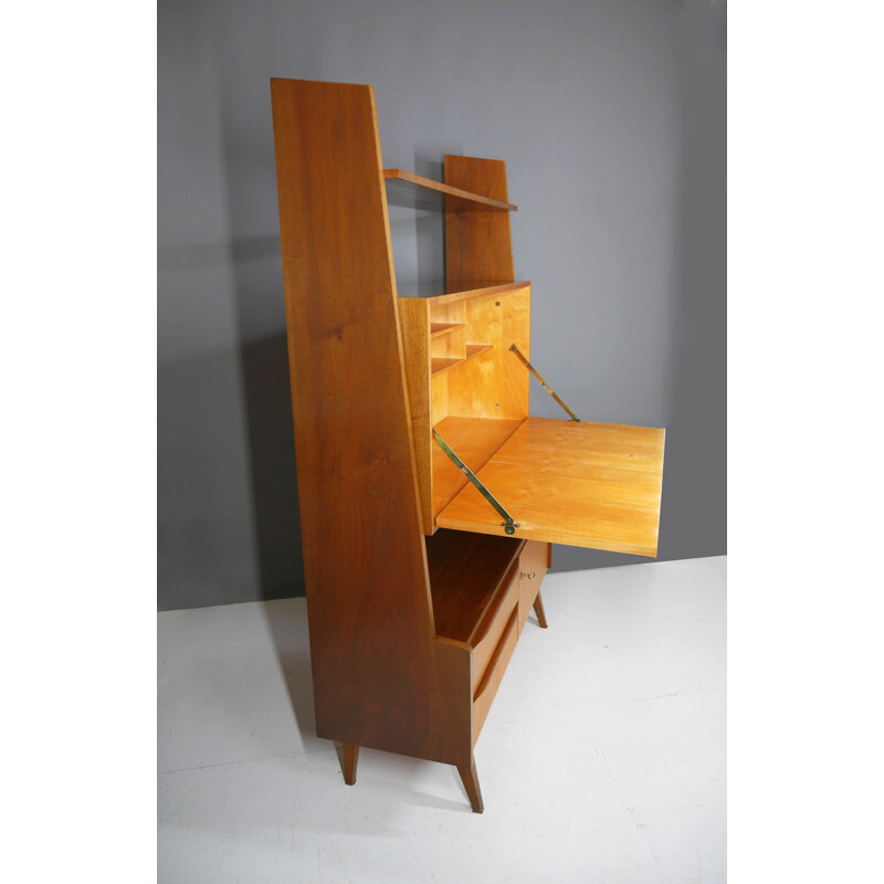 Mid century walnut and maple shelf, Germany 1950s