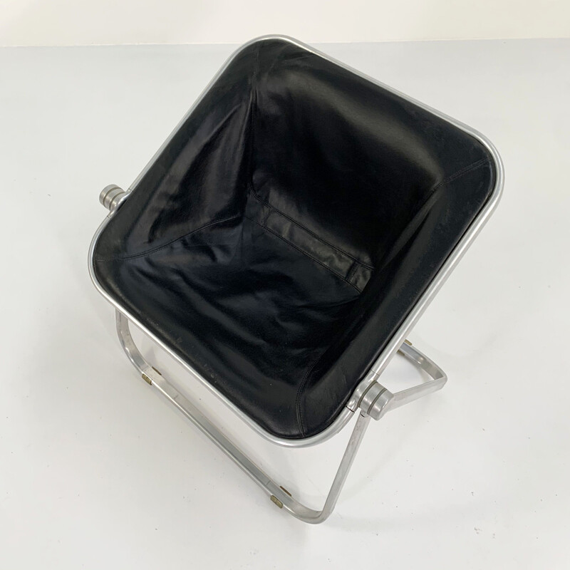 Vintage black leather Plona armchair by Giancarlo Piretti for Castelli, 1970s