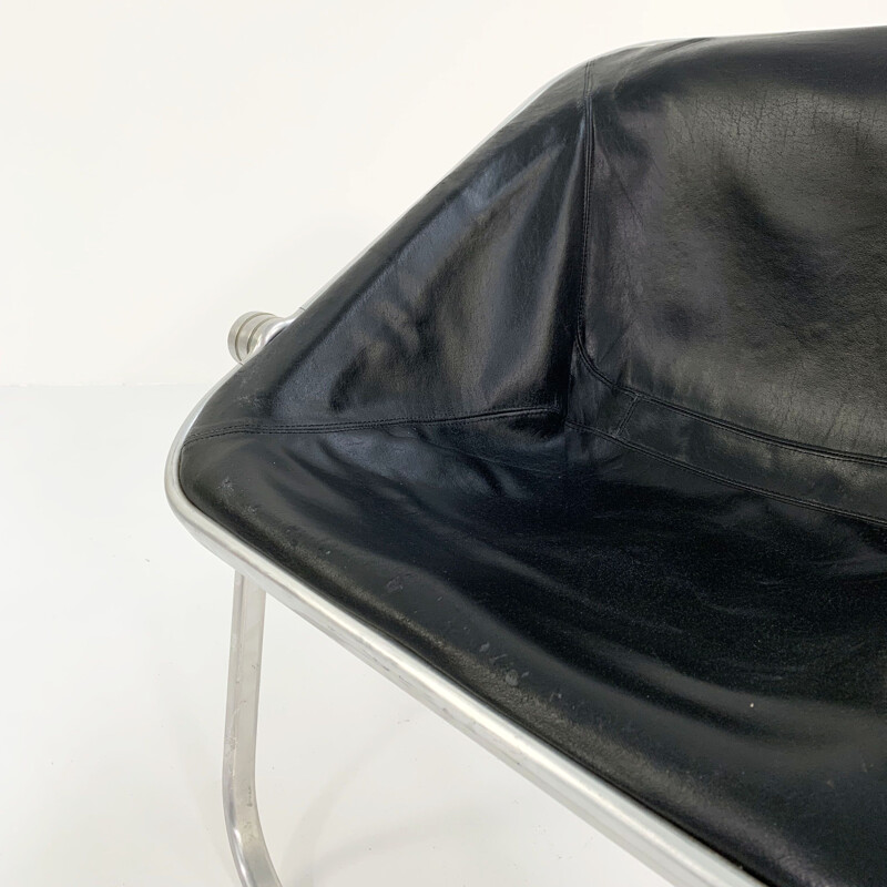 Vintage black leather Plona armchair by Giancarlo Piretti for Castelli, 1970s