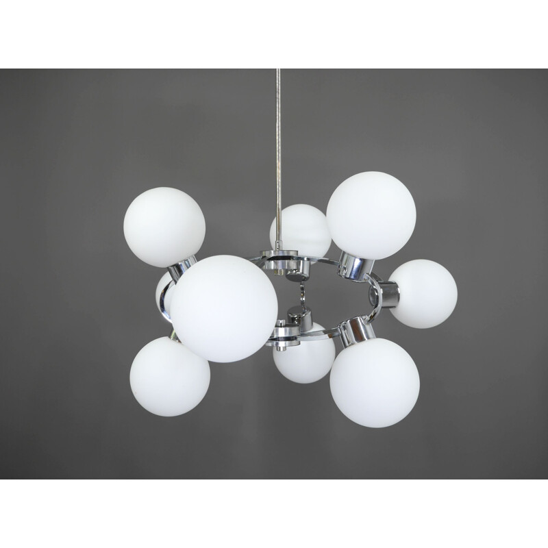 Space Age sputnik pendant lamp with 9 opal glass globes, Germany 1970s