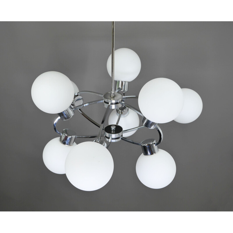 Space Age sputnik pendant lamp with 9 opal glass globes, Germany 1970s