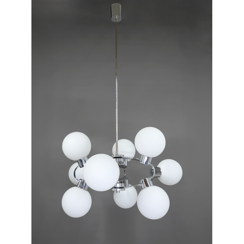 Space Age sputnik pendant lamp with 9 opal glass globes, Germany 1970s