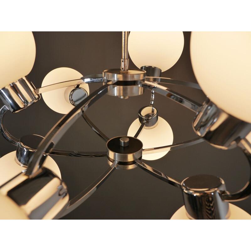 Space Age sputnik pendant lamp with 9 opal glass globes, Germany 1970s