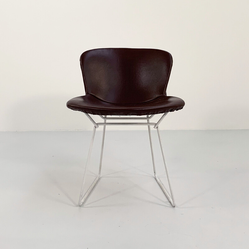 Chaise vintage en fil métallique avec revêtement en cuir par Harry Bertoia pour Knoll, 1970